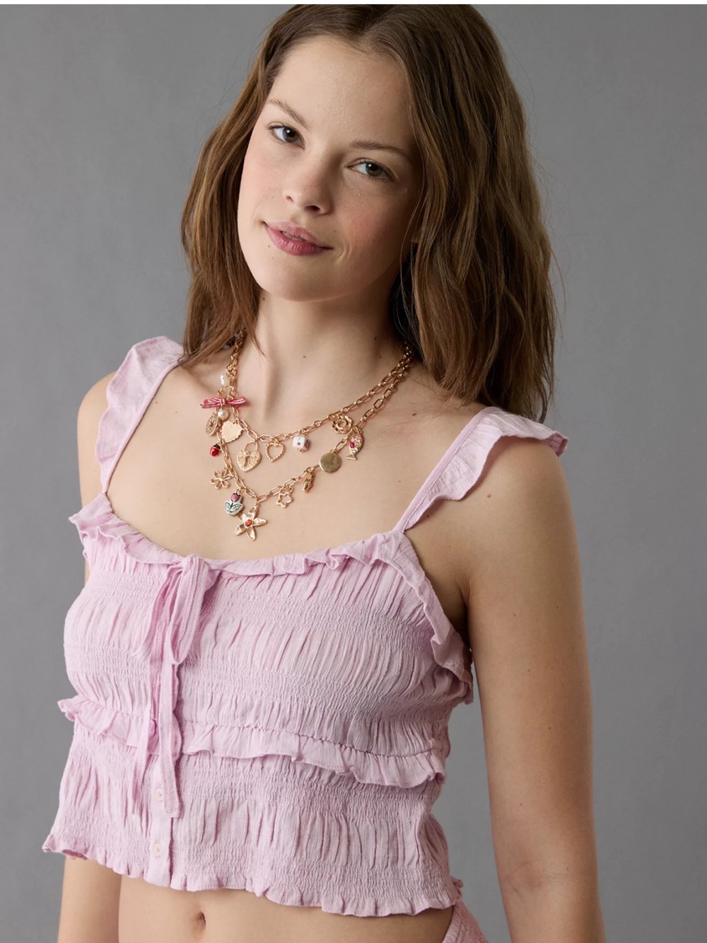 NWT American Eagle ($44.95) 100% Cotton Smocked Ruffle Tank Top Pastel Orchid XL